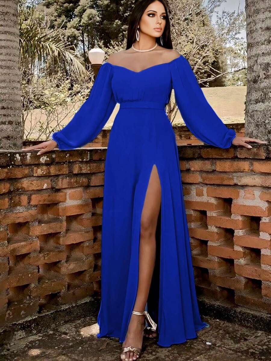 Vestido Elegante Hombros Descubiertos con Abertura en Pierna y Detalle de Cinturón para Mujer - Azul - Ver 1