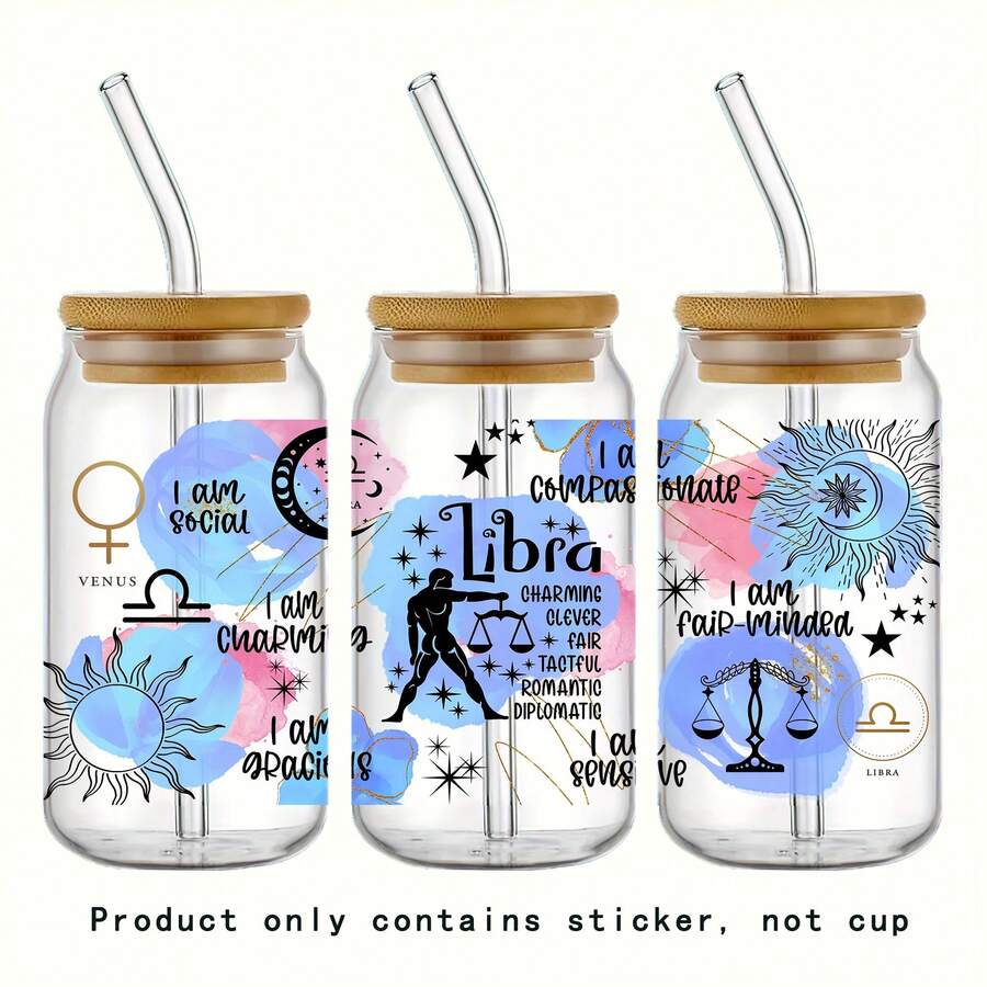 1pc Uv Dtf 過渡藍色星座符號12星座星空星系設計貼紙9.5英寸*4.3英寸適用於16盎司利貝t杯,天秤座diy套件過渡貼紙圖案玻璃杯水貼。玻璃貼紙防紫外線和耐高溫,具有立體感和實心感,安裝方便,尺寸為11x24cm(4.3in X 9.4in),產品不包括杯子 - 銅色 - 查看 1