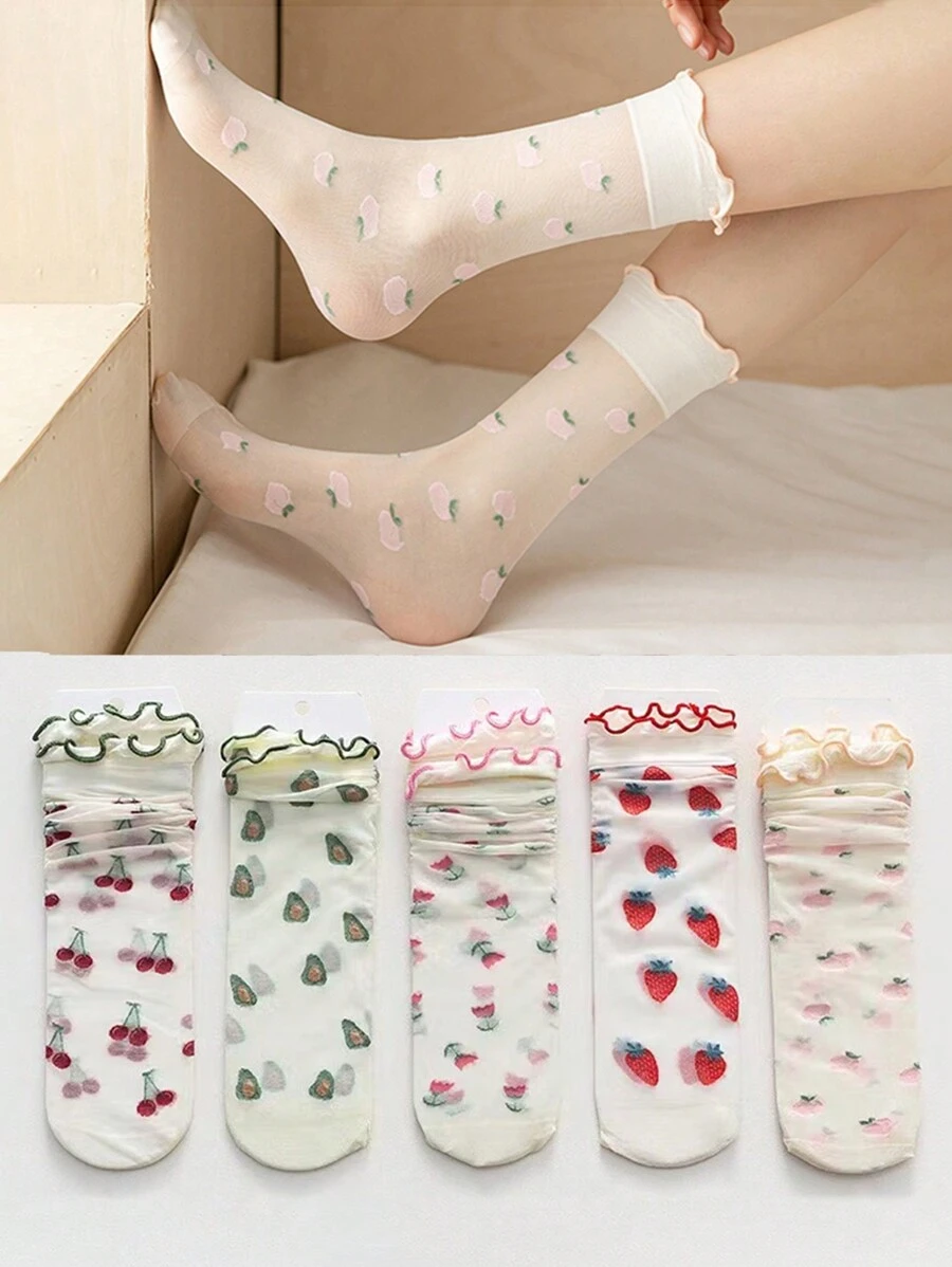 5 Cặp/bộ Tất Nữ Chủ Đề Trái Cây, Tất Thủy Tinh Pha Lê Phong Cách Mùa Hè Với Nấm Ăn, Dâu Tây, In Hình Anh Đào, Tất Học Viện Nhật Bản - Nhiều màu - Xem 1