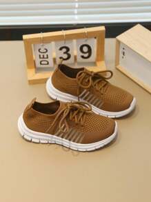1 Pair Girls' Knitted Lace-Up Casual Sport Shoes, Breathable Slip-On Design, Suitable For Spring/Autumn - Brown - View 2