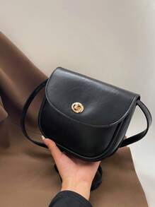 1入黑色輕盈pu材質女用手提袋帶有蓋和鎖扣,簡約時尚適用於日常通勤,可斜挎或肩背