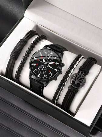 1 Reloj De Cuarzo Informal Para Hombre + Juego De Pulseras De 4 Piezas, Reloj Negro De Negocios A La Moda Para Hombre