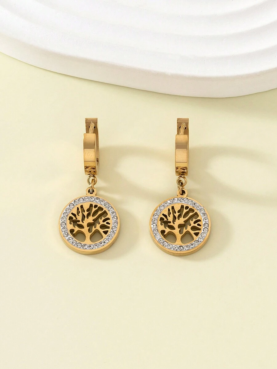 1 đôi 24K MẠ Hình học Yếu tố Đời sống Cây hình Kim cương Dát Nhỏ bé Dangle Hoa tai Thích hợp Đối với Mặc hàng ngày Và Lễ hội - Bông tai cây sự sống - Xem 1