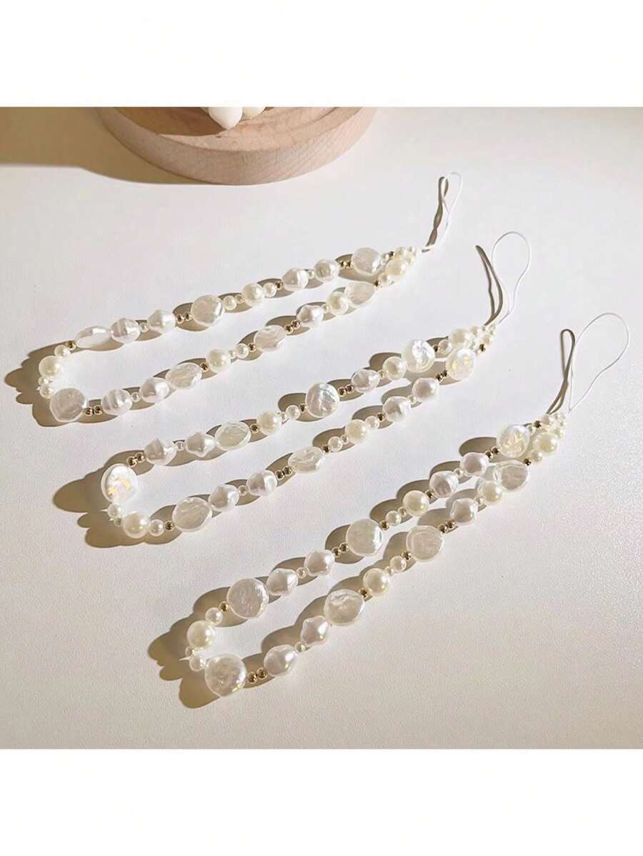Vintage Style Faux Pearl Beaded Chain Compatible With Mobile Phone Case Diy Hand Strap Anti-Lost Anti-Drop Phone Accessory Ccd Camera Lanyard Portable Wristband, Compatible With IPhone, , , Etc. - White - View 1