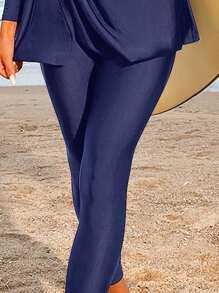 纯色侧腰扭纹长袖上衣和裤子布基尼泳衣套装，适合海滩度假夏季 - 藍色 - 查看 5