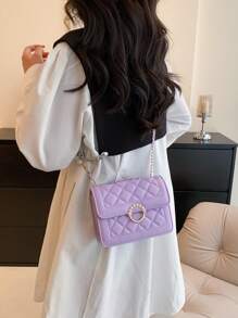 Fashionable Embroidery Thread Small Square Bag With Pearl Chain Strap, Mini Flap Shoulder & Crossbody Bag For Women , Purple - Purple - View 3