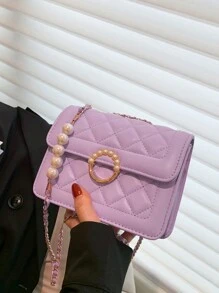 Fashionable Embroidery Thread Small Square Bag With Pearl Chain Strap, Mini Flap Shoulder & Crossbody Bag For Women , Purple - Purple - View 5