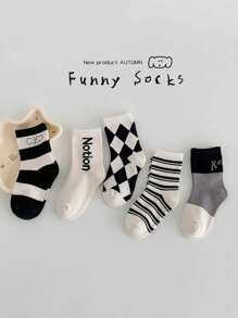 5pairs Children's Socks, Spring Autumn Winter, Cute Diamond & Dog Patterned Mid-Calf Socks, Suitable For Boys, Girls, Infants, Breathable And Light Thin Socks