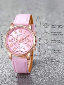 Ladies' Leather Strap Fashionable Three Eye Roman Scale Dial Quartz Wristwatch And Butterfly Jewelry Set (5pcs/Set) As A Gift For Students Returning To School - Pink - View 4