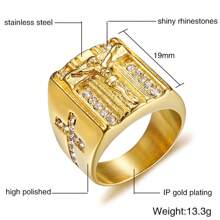 1 pieza Anillo de acero inoxidable con cruz dorada y de estrás cristalinos, católico, para hombres. Regalo para novio, accesorios de hombre - Amarillo Oro - Ver 8