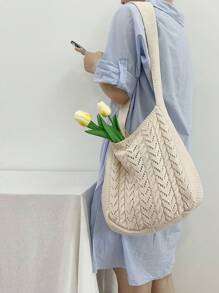 1pc Apricot Ins Style Woven Medium Tote Bag, Women's Original Design Fashion Beach Bag, Shoulder & Crossbody Bag, Hollow Grid Knitting Shopping Grocery Kitchen Storage Bag, Suitable For Daily Use, Dating, Gift For Girlfriend