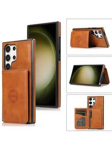 1入組具有卡槽和瘋馬圖案的磁性錢包手機保護殼,兼容galaxy S24 Ultra - 棕色 - 查看 2