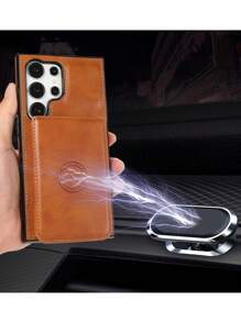 1入組具有卡槽和瘋馬圖案的磁性錢包手機保護殼,兼容galaxy S24 Ultra - 棕色 - 查看 3