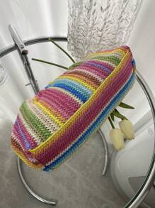 Túi xách nữ bằng rơm dệt sọc cầu vồng, dung tích lớn, kiểu dáng cổ điển retro, khóa bấm, thích hợp cho du lịch nghỉ dưỡng. - Nhiều màu - Xem 2