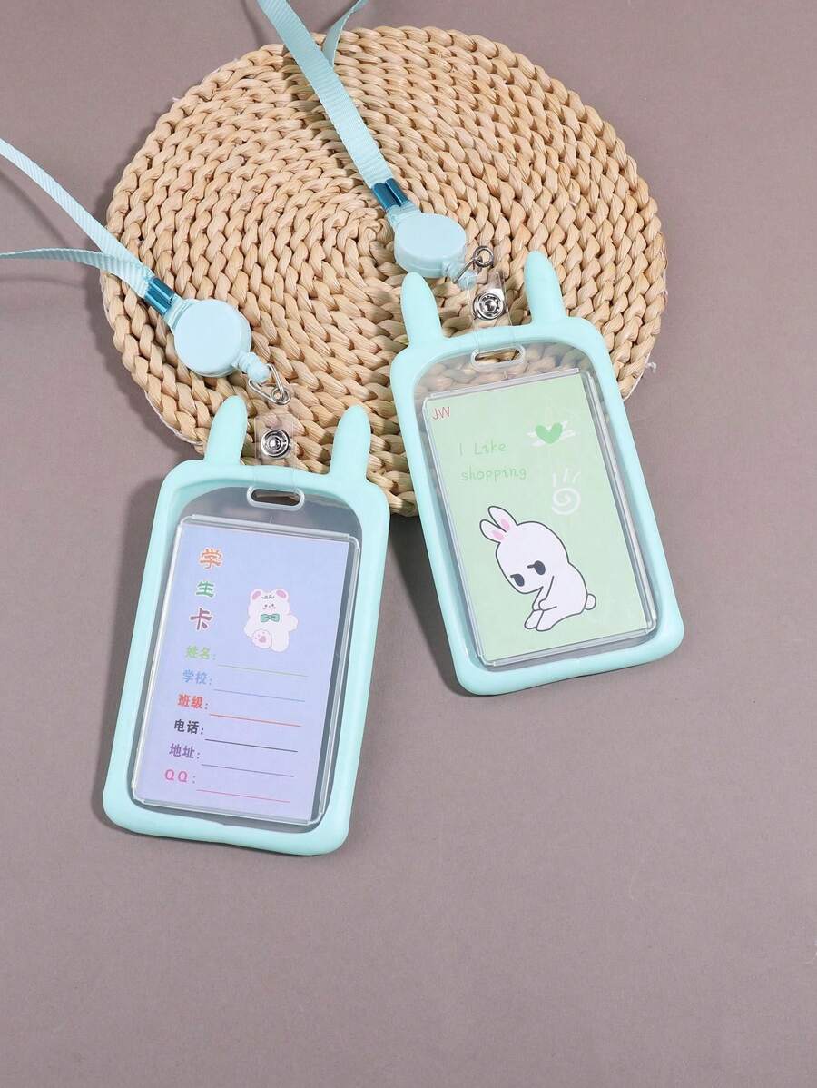 1pc Light Green BunnyShaped School Card Holder With Retractable Strap