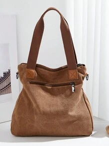 Vintage Large Capacity Canvas Tote Bag, Solid Color Multi-Compartment Zipper Handbag Shoulder Crossbody Bag Gym Bag Hobo Bag, Detachable Adjustable Strap, Suitable For Work, Holiday Shopping, Travel, Daily Use - Brown - View 4