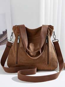 Vintage Large Capacity Canvas Tote Bag, Solid Color Multi-Compartment Zipper Handbag Shoulder Crossbody Bag Gym Bag Hobo Bag, Detachable Adjustable Strap, Suitable For Work, Holiday Shopping, Travel, Daily Use - Brown - View 3