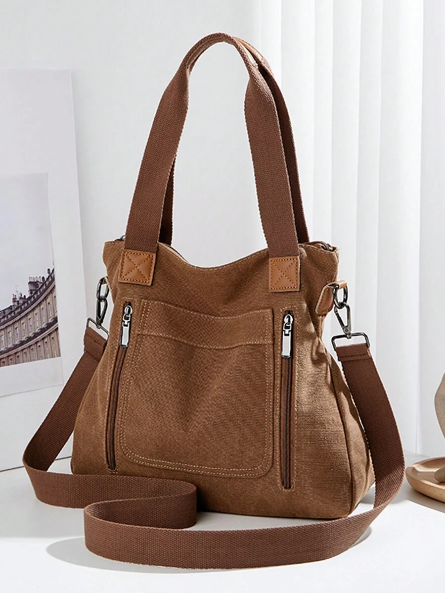 Vintage Large Capacity Canvas Tote Bag, Solid Color Multi-Compartment Zipper Handbag Shoulder Crossbody Bag Gym Bag Hobo Bag, Detachable Adjustable Strap, Suitable For Work, Holiday Shopping, Travel, Daily Use