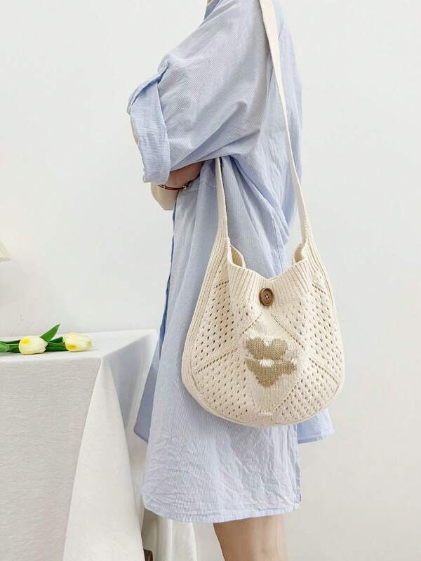 1 peça Bolsa Média Tecida de Design Original Cor de Damasco Estilo Ins, Bolsa de Praia da Moda, Bolsa Sacola Vazada em Grade, Adequada para Uso Diário de Mulheres, Encontros, Presente para Namorada, Estudantes, Férias, Praia - Bolsa de Ombro com Grande Capacidade