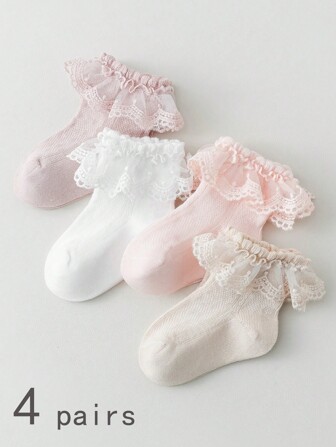 4pairs Girls' Multicolor Soft Breathable Lace Trim Princess Style Socks, Suitable For Spring, Summer, Casual, Holiday, Birthday Party And Daily Wear