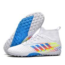 1pair New Men's & Women's Striped Soccer Shoes, Tf Broken Nail Anti-Slip Training Shoes, Outdoor Turf Football Boots, Professional Sports Sneakers, Black Classic High-Top Short Nail Football Shoes