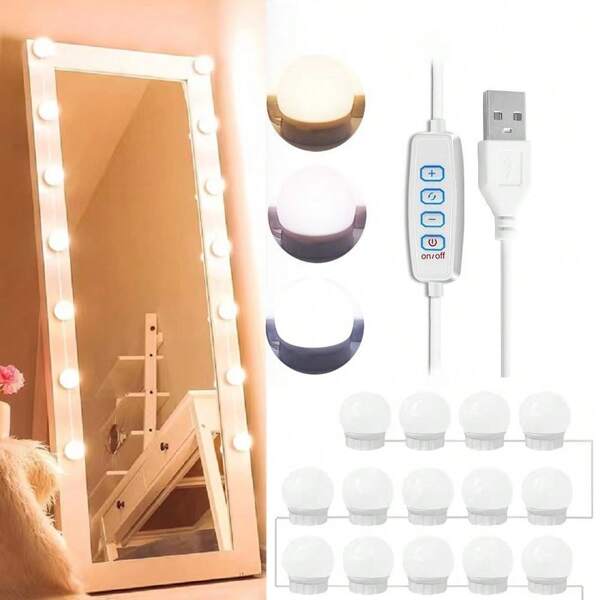 Luz para tocador/maquillaje, luz de vestir, kit de luz LED con bombillas regulables, 3 modos de color, luz para espejo de maquillaje con enchufes, ajustable en color y brillo, adecuado para espejos de dormitorio y baño, adecuado para maquillaje, cable USB, sin espejos, set combinado de 6/8/10/12/14 piezas, se puede comprar y combinar libremente.
