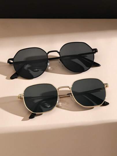 2pcs Women Geometric Copper Frame Vintage Eyeglasses For Outdoor Travel Accessories Beach Accessories For Women Glasses Shades For Summer Beach Vacation,Outdoor,Travel