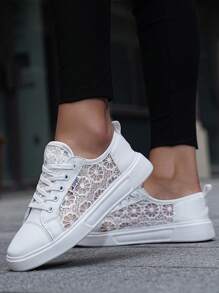 Women Fashion Casual Shoes, Hollow Breathable Lightweight Lace-Up Comfortable White Sneakers, MD Non-Slip Soft Bottom Lightweight Sports Running Shoes