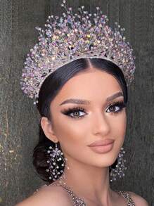 1pc Luxury Handmade Rhinestone Bridal Crown, Rhenish Stone Queen Tiara, Wedding Hair Accessory, Autumn Bride Headpiece Valentine's Day Accessories - Colorful - View 2