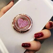 圆形闪亮心形金属环扣手机支架，适用于固定手机壳戒指支架，适用于所有手机，兼容 、Android 手机，生日、家庭、朋友戒指支架、手机握把、手机配件的礼物 - 粉色 - 查看 4