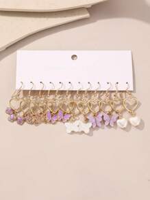 6對優質兒童花心和蝴蝶形吊飾耳環套裝,適合派對配飾和禮物贈送 - 彩色 - 查看 1