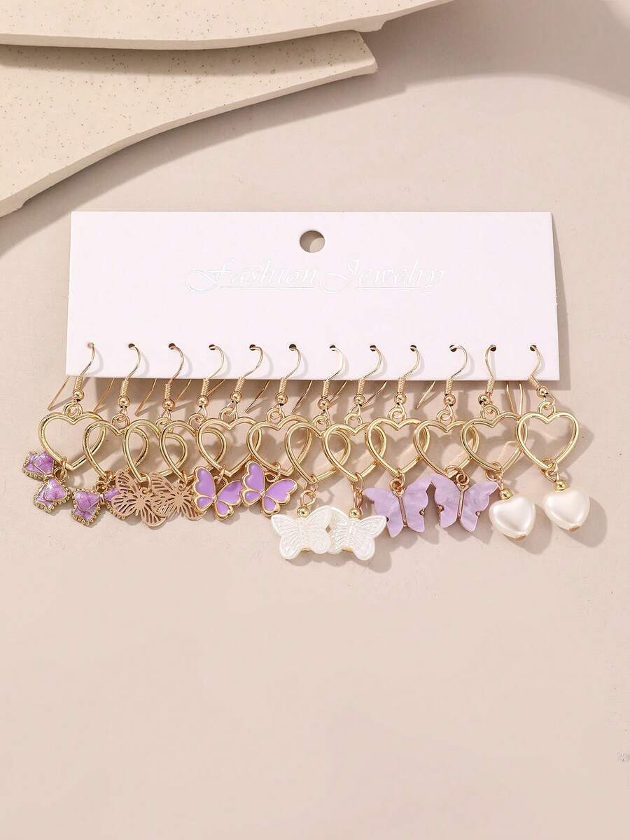 6對優質兒童花心和蝴蝶形吊飾耳環套裝,適合派對配飾和禮物贈送 - 彩色 - 查看 1