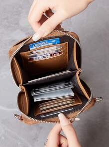 MIYIN 女士休闲 PU 皮革拉链钱包和手机包 适合日常使用 简约纯色斜挎包 配有可调节肩带 荔枝压纹竖款钱包 带卡槽和前袋 可放置信用卡 / 身份证 / / 现金 / 手机 女士钱包 手机包 女士 女士钱包 钱包 - 棕色 - 查看 4