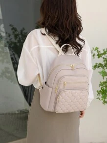 时尚简约风格大容量背包、书包、便携式、笔记本电脑隔层、大容量、适合少女、女大学生、学院、初中、高中、户外、旅行、郊游、小学、办公室、返校包、大背包、学校背包、返校包、防水、轻便、经典休闲、适合少女、女大学生、教师、非常适合返校、开学第一天、初中、高中 - 米色 - 查看 4