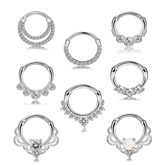 8pcs 16G Fashion Hypoallergenic Stainless Steel Clicker CZ Septum Jewelry For Women Men,Daith Cartilage Helix Earring Silver Nose Hoop Rings Suitable For Daily Parties And Gatherings Wear Piercing Jewelry