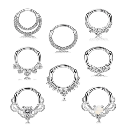 8pcs/Set 16G Stainless Steel CZ Nose Septum Jewelry, Unisex, Cartilage Earrings, Silver Nose Ring, Suitable For Daily, Party And Gathering Wear