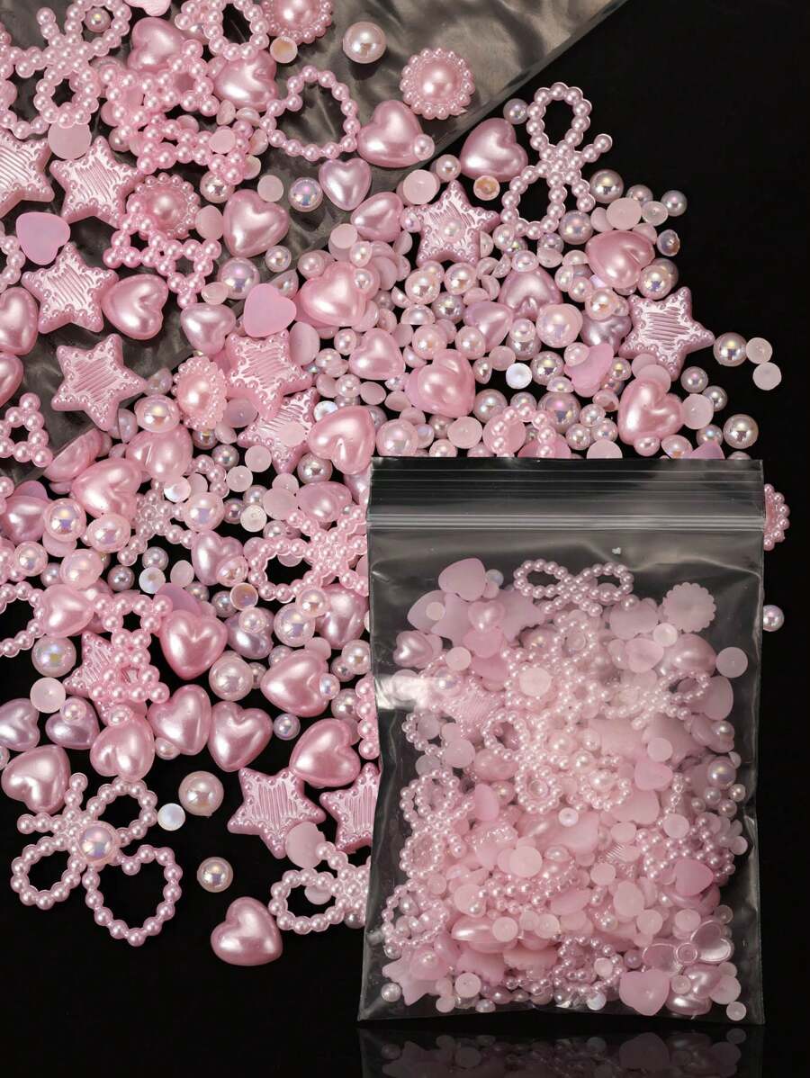 1 包 Y2K 3D 粉色人造珍珠指甲饰物多种形状花朵星星蝴蝶结心形人造珍珠平底亚克力可爱人造珍珠 3D 美甲饰物适用于美甲 DIY 美甲宝石美甲用品指甲 - 粉色 - 查看 1