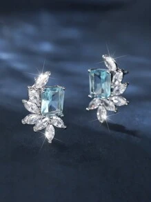 1pc Simple Sea Blue Rectangular Shape Cubic Zirconia Leaf Shaped Elegant Earring For Women, Suitable For Wedding, Engagement, And Daily Accessories