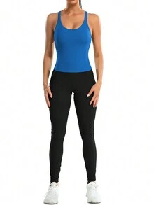 Women's Solid Color Round Neck Padded Sports Tank Top - Blue - View 4