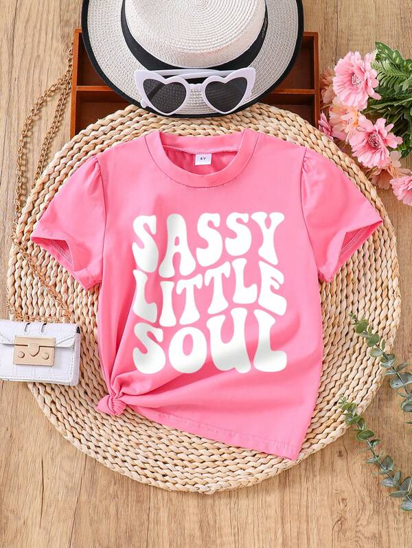 Young Girl Slogan Printed Short Sleeve T-Shirt