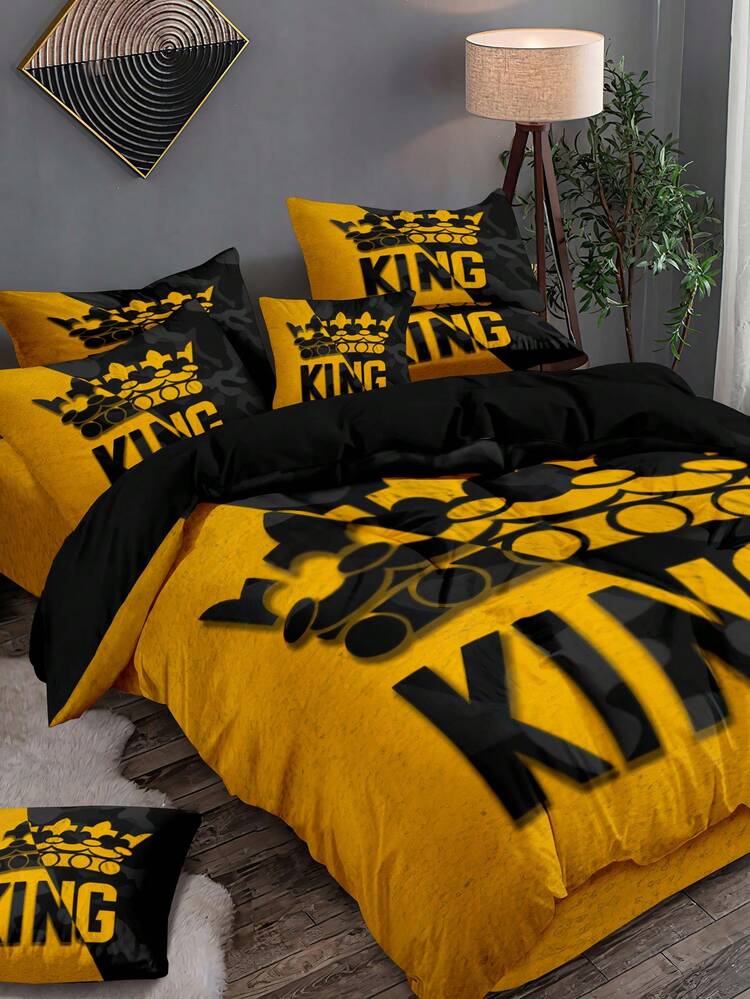 Juego de funda nórdica de 3 piezas con diseño amarillo y negro de patrón de rey, suave y cómodo juego de cama para dormitorio, habitación de invitados y dormitorio universitario (1 funda nórdica + 2 fundas de almohada) - Multicolor - Añade 5