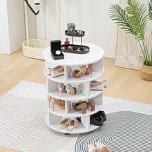 Round Pushable Wooden Shoe Cabinet On Wheels For 16-20 Pairs Of Shoes - 米色 - 查看 3