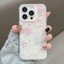 1pc Color Fading Pentagram & Shell Pattern Shockproof Soft Phone Case With Cute Cartoon Design Compatible With IPhone 15/14/13/12/11/Xr/Xs/7/8 Promax Pro Plus - Pink - View 1