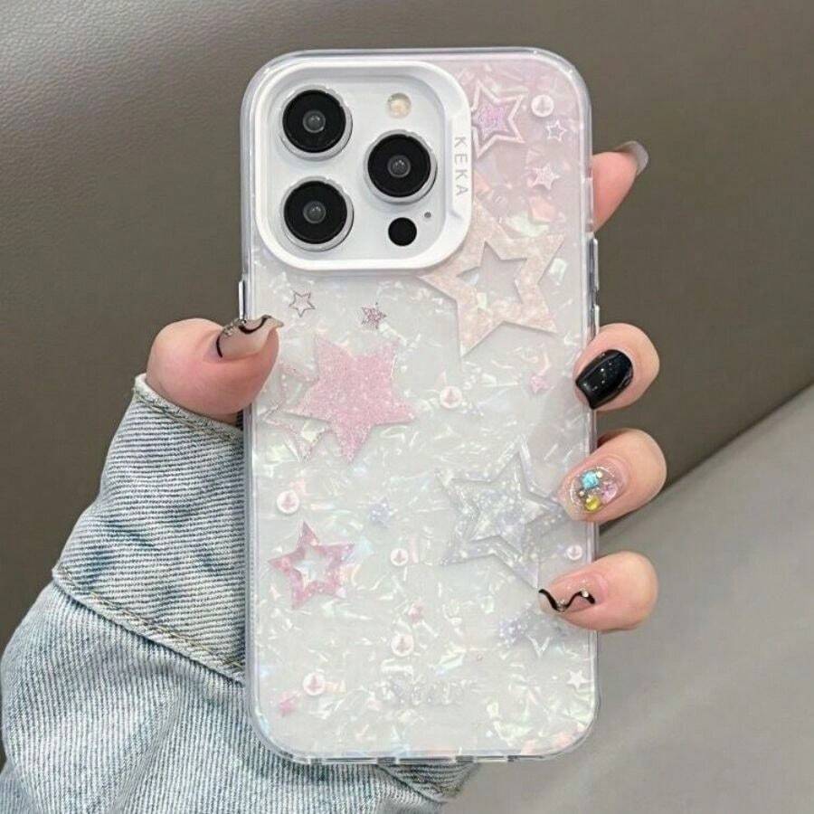 1pc Color Fading Pentagram & Shell Pattern Shockproof Soft Phone Case With Cute Cartoon Design Compatible With IPhone 15/14/13/12/11/Xr/Xs/7/8 Promax Pro Plus - Pink - View 1