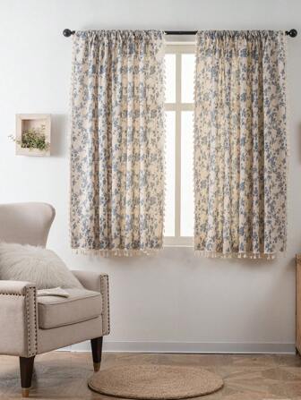 Tokoto 1 件花卉复古米色遮光窗帘，波西米亚农舍亚麻流苏隔热窗帘，适用于客厅、卧室、阳台、餐厅、厨房、酒店、婚礼、节日装饰，四季皆宜