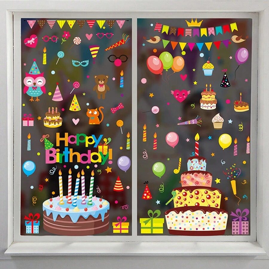4張生日裝飾性落地窗貼紙卡通蛋糕靜電貼紙可拆卸玻璃藝術貼紙供生日派對裝飾用品 - 彩色 - 查看 1