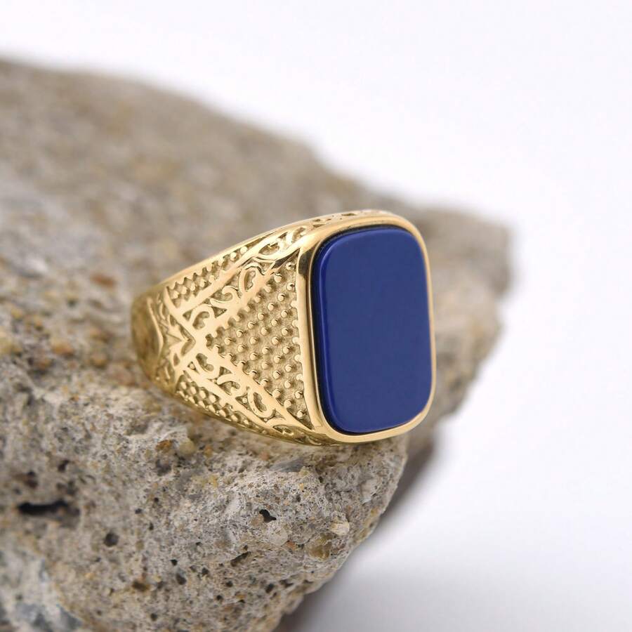 1 件复古方形 18k 金玛瑙戒指，情人节和母亲节情侣礼物 - 藏青色 - 查看 1