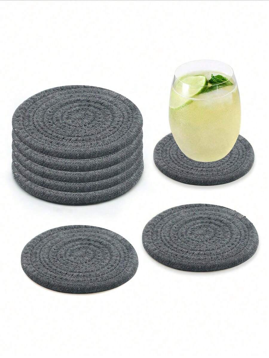 1pc 12cm Coaster, Woven Round Drink Insulation Mat, Absorbent Anti-Heat Cup Pad - Dark Grey - View 1