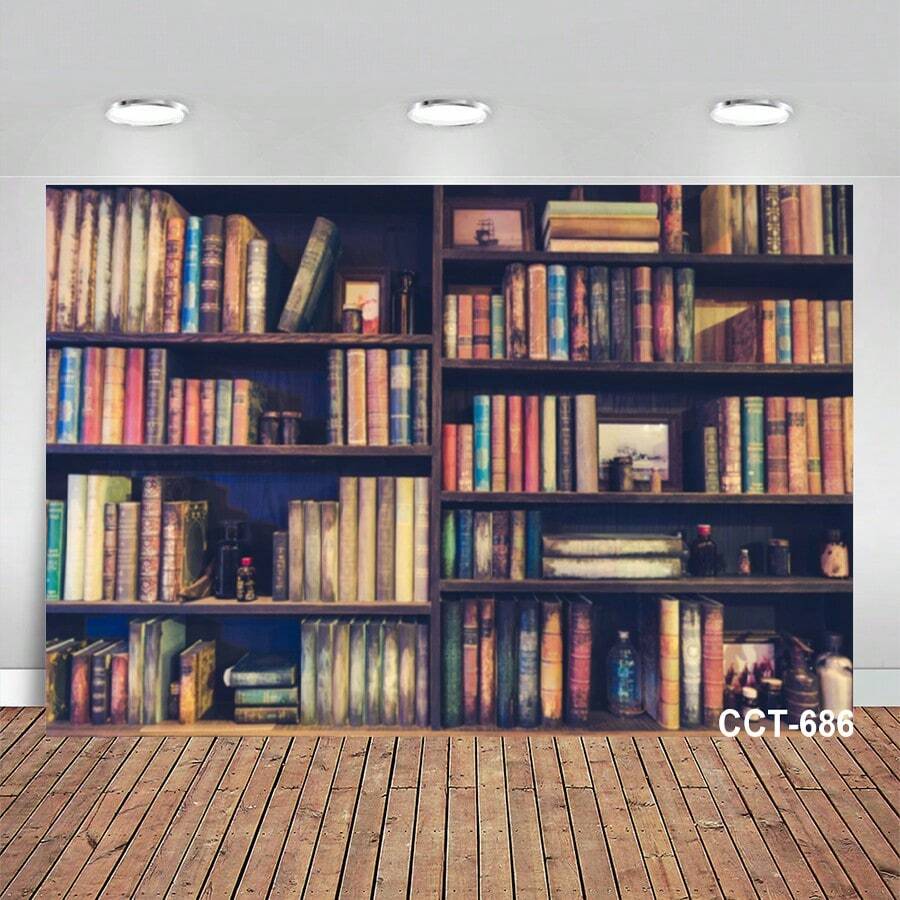 Fondos De Fotografía De Escuela De Estilo Vintage Y Retro, Biblioteca De Estantería Antigua De Libros, Ideales Para Fotografías De Bebés, Estudiantes Y Graduaciones En Un Estudio Fotográfico - Caqui - Ver 1