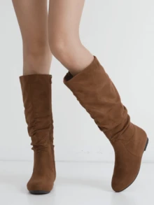 Comfyshoes Women's Molly Flat Slouchy Boots, Slip-On Mid-Calf Knee High Boots - màu nâu - Xem 2